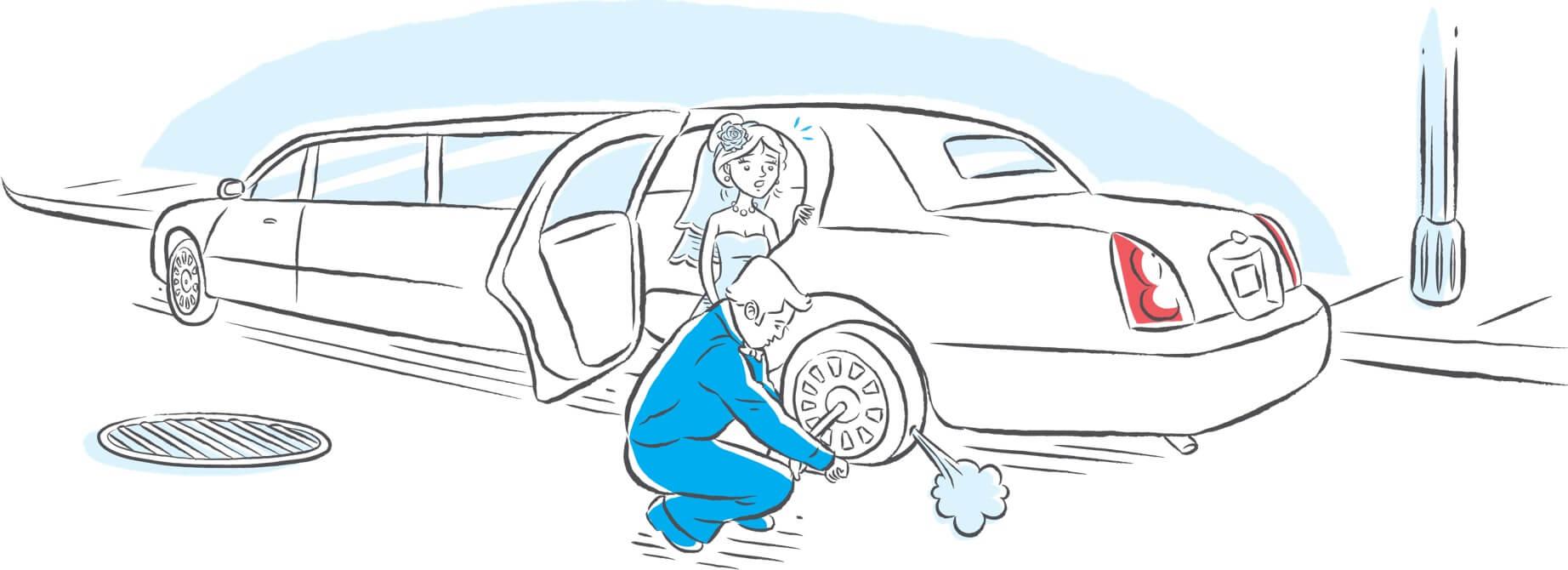 Desenho de um casal em uma limosine com o pneu furado, o noivo está trocando o peneu e a noiva está dentro do carro preocupada.