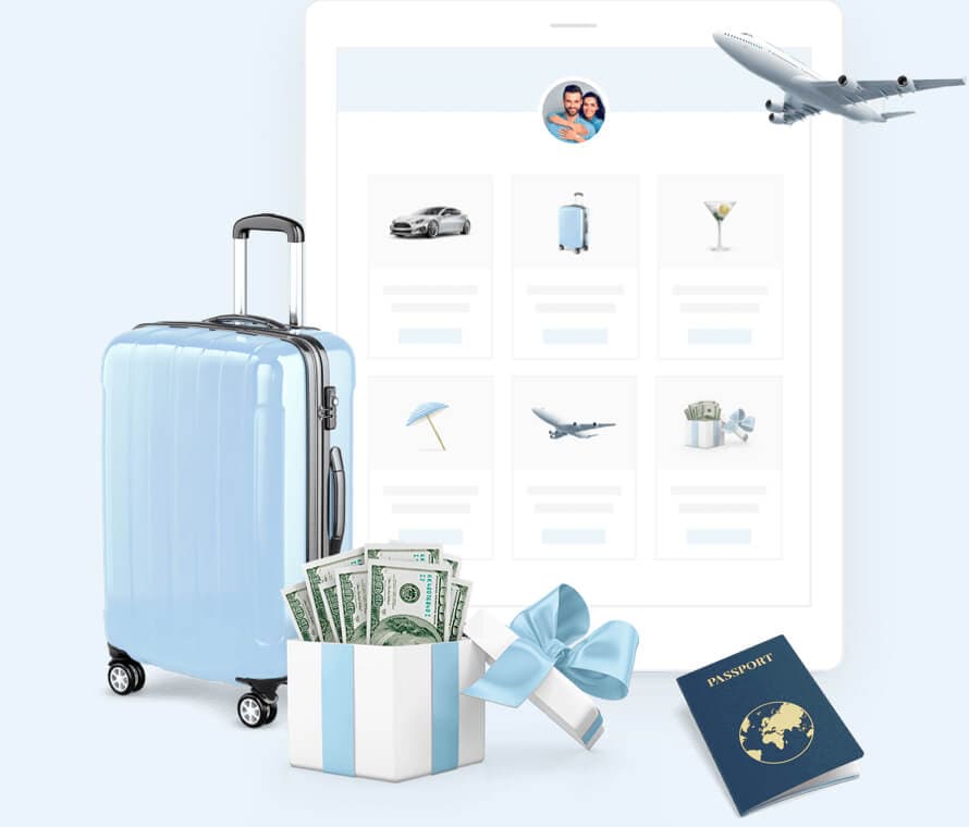 Uma mala ao lado de um passaporte, e as cotas de lua de mel de um site de casamento iCasei por trás.