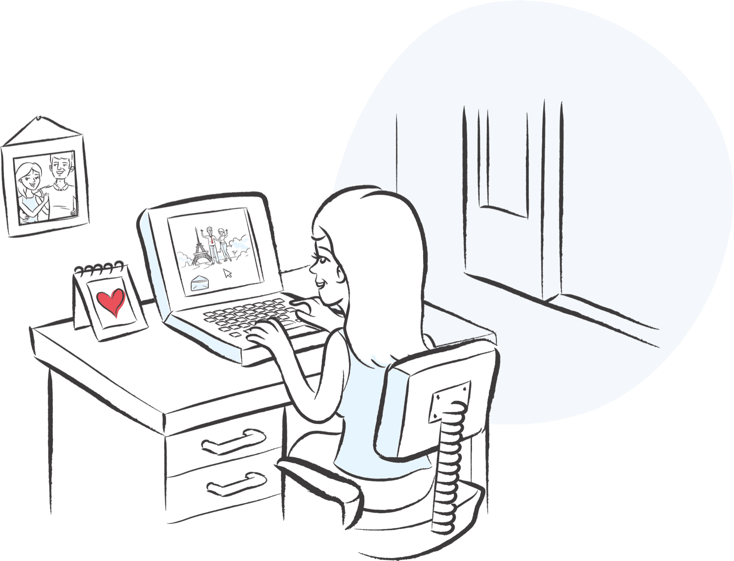 Ilustração de uma mulher na frente do seu notebook programando a viagem dos sonhos, com um retrato do casal pendurado na parede e um quadro de coração na mesa.