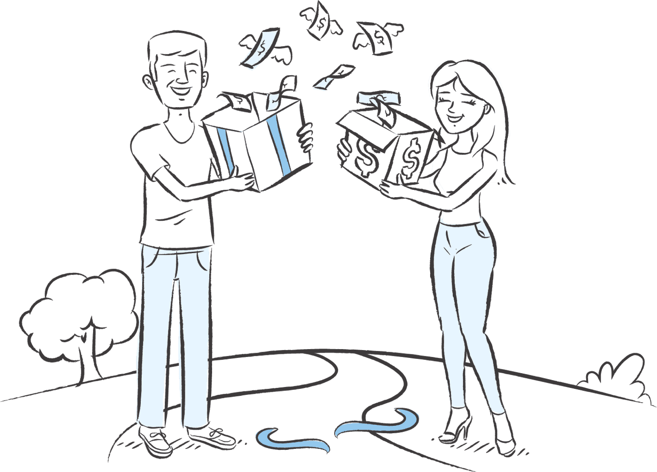 Ilustração de um casal em uma rua, cada um segurando um presente aberto com notas de dinheiro com asa voando para fora da caixa.