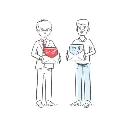 Desenho de dois homens sorrindo e segurando convites para acessar a lista de presentes virtuais.