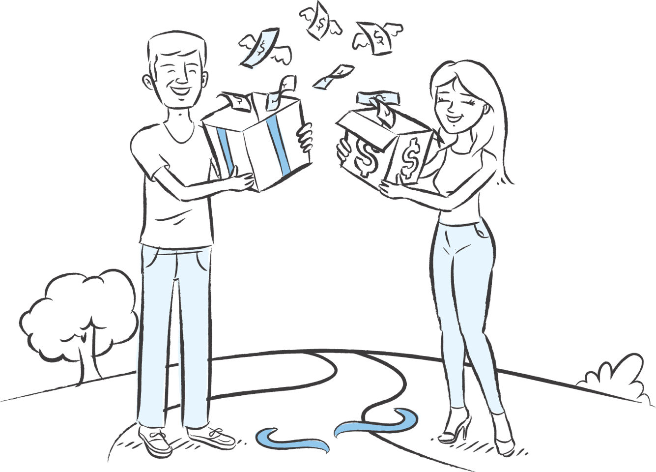 Ilustração de um casal em uma rua, cada um segurando um presente aberto com notas de dinheiro com asa voando para fora da caixa.