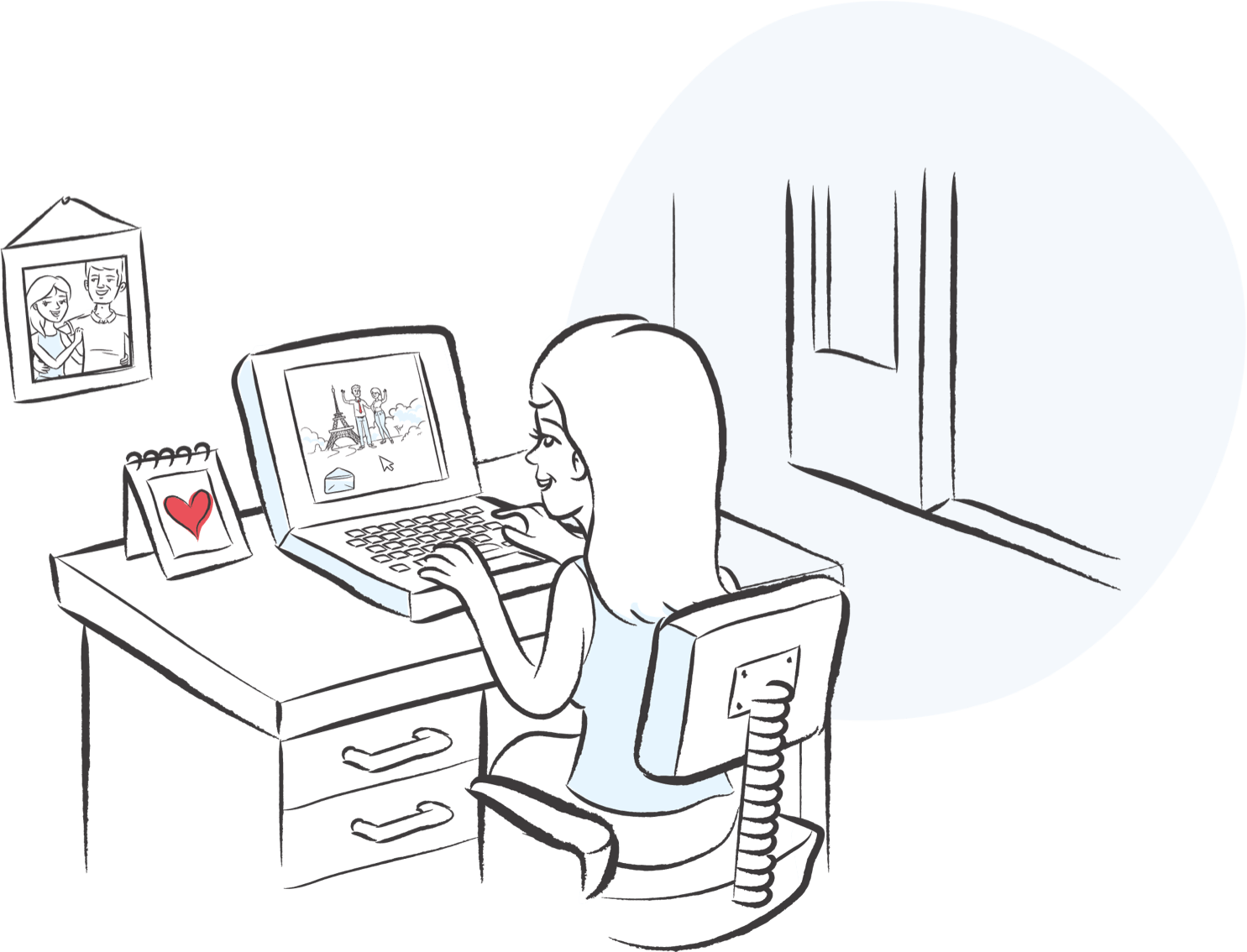 Ilustração de uma mulher na frente do seu notebook programando a viagem dos sonhos, com um retrato do casal pendurado na parede e um quadro de coração na mesa.